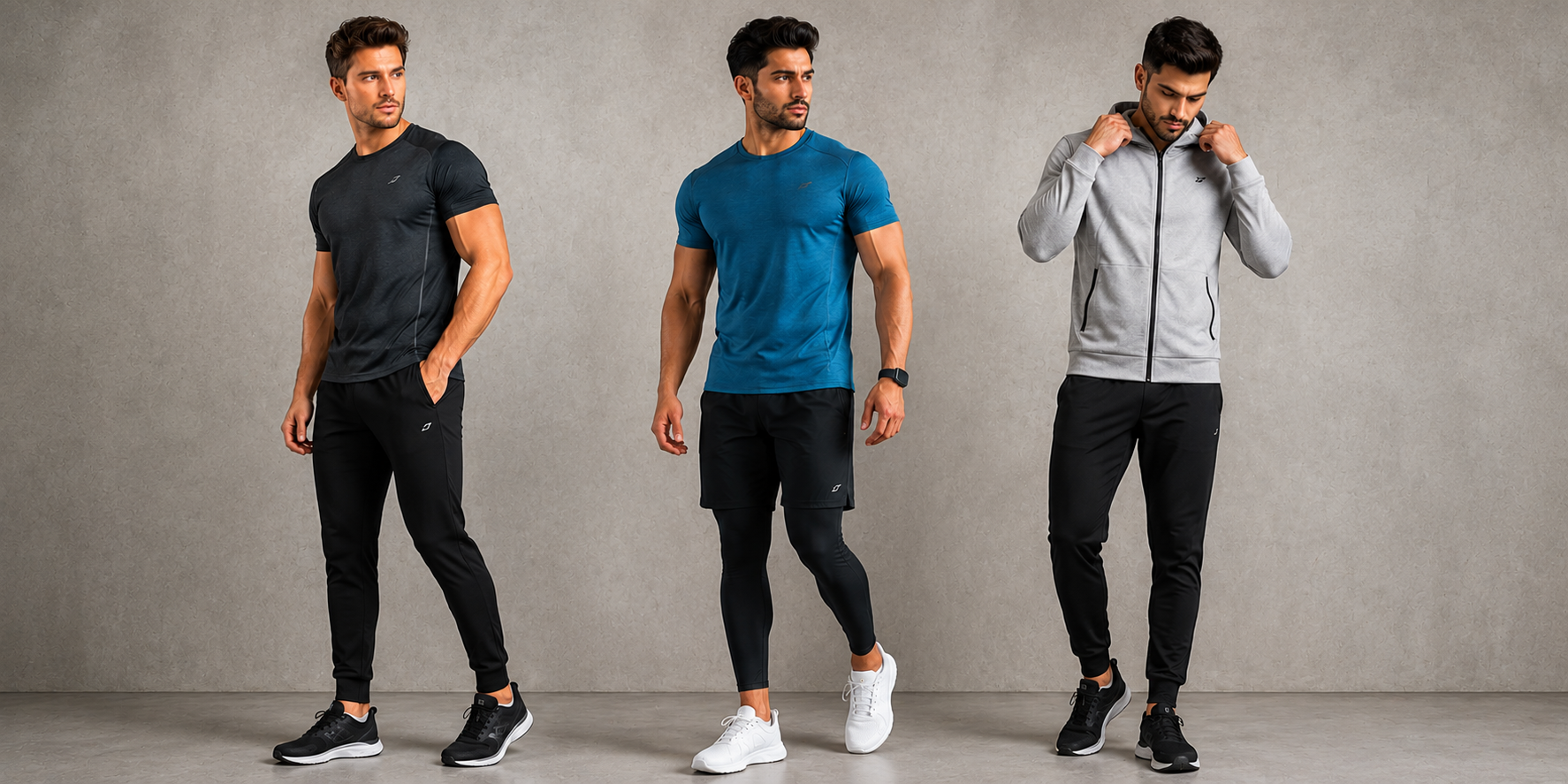 Three men modeling athletic wear against a gray background