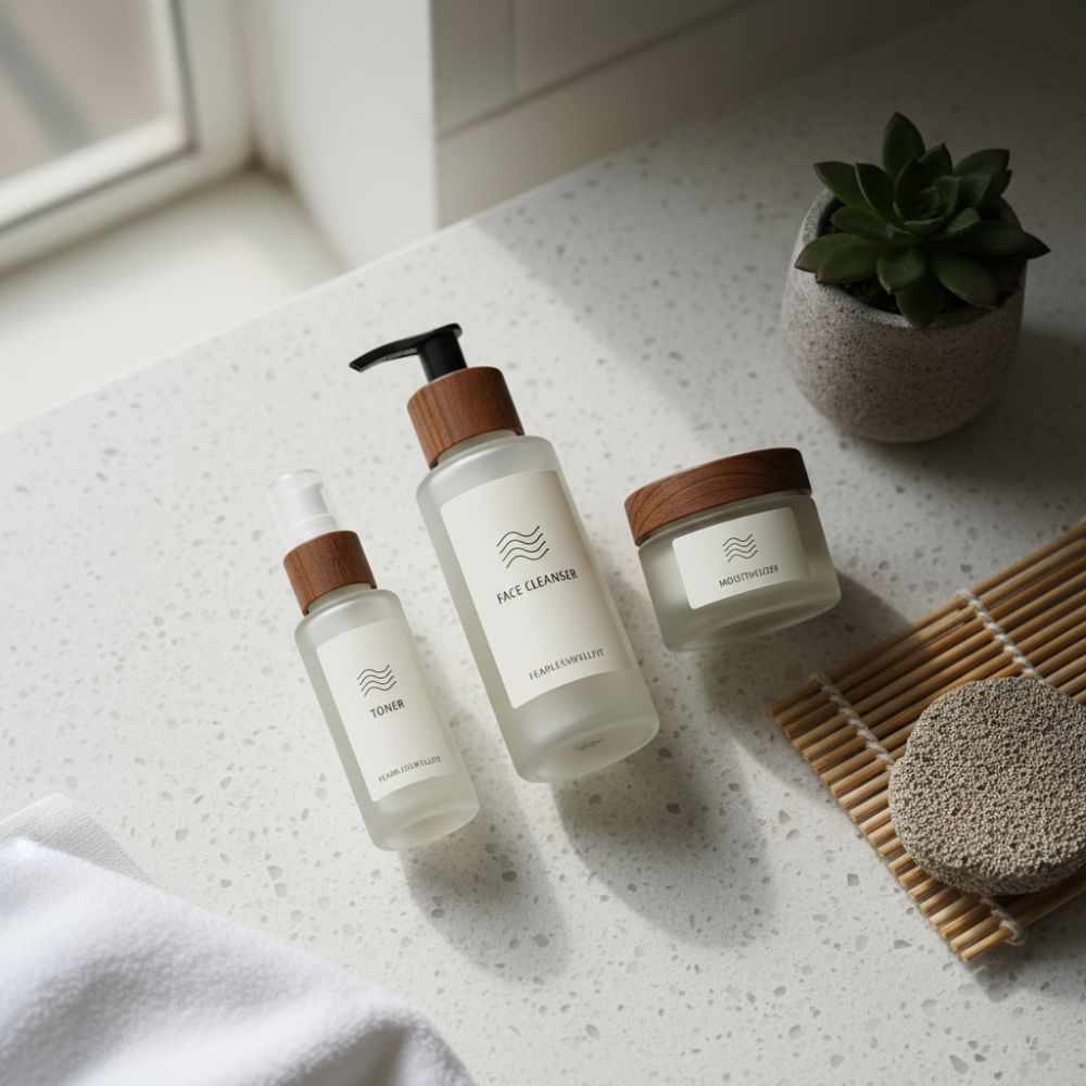 Skincare products including a bottle, jar, and pump on a light surface with a plant in the background.
