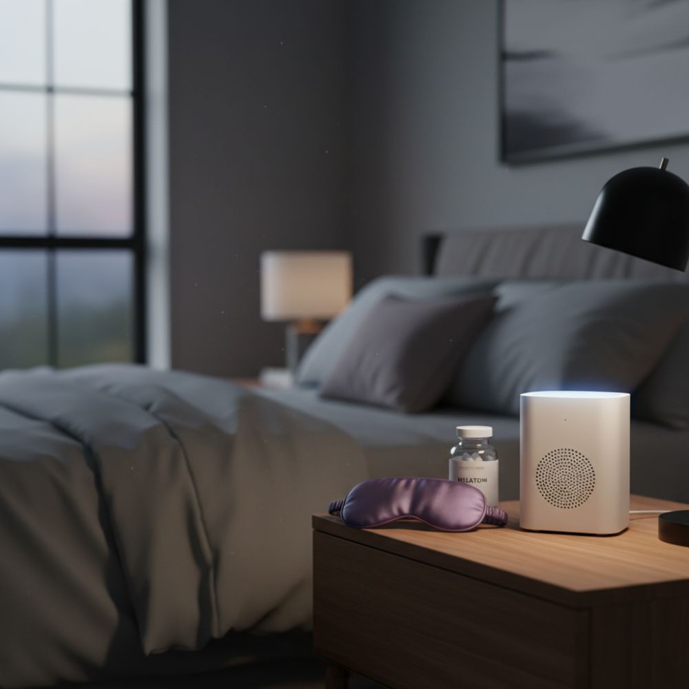 Neatly arranged nightstand with a sleep mask, bottle, and white device in a bedroom setting.