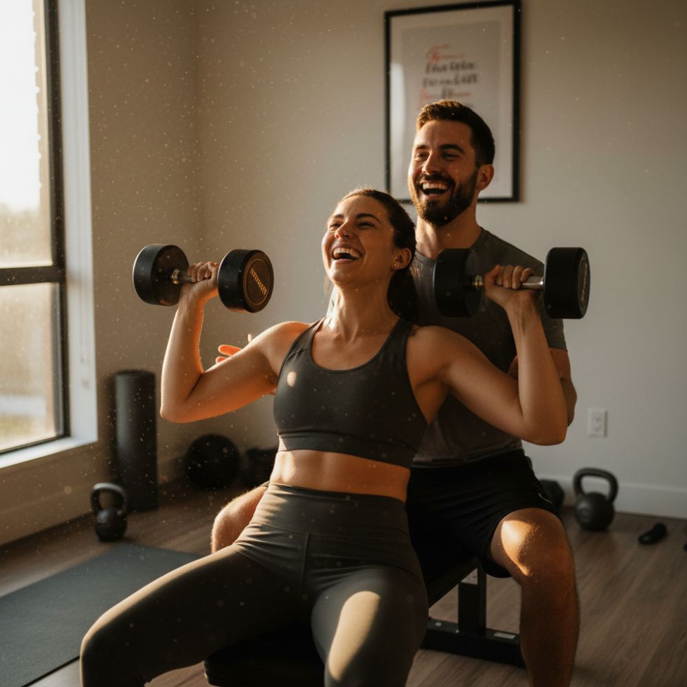 Two people exercising with dumbbells in a home setting